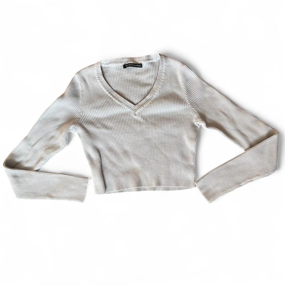 Brandy Melville Grey Women’s long sleeve ribbed knit V-neck cropped top